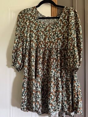 Olive Green Floral Tiered Long Sleeve Dress